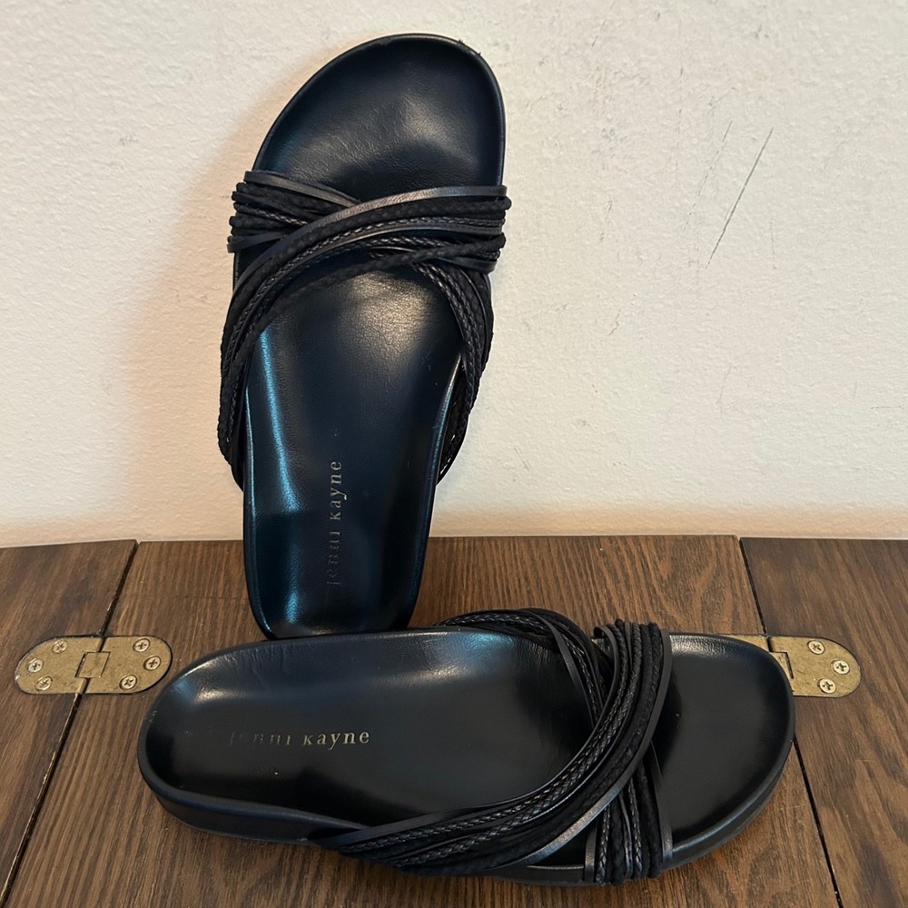 Jenni Kayne Strappy Braided Leather Slides Black Flat Sandals 38